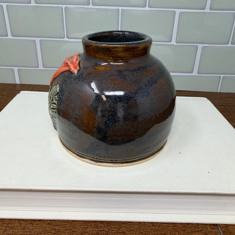 Signed‎ EMS Studio Pottery Poppy Weed Pot Vase Teal Brown Handcrafted 1.25lbs